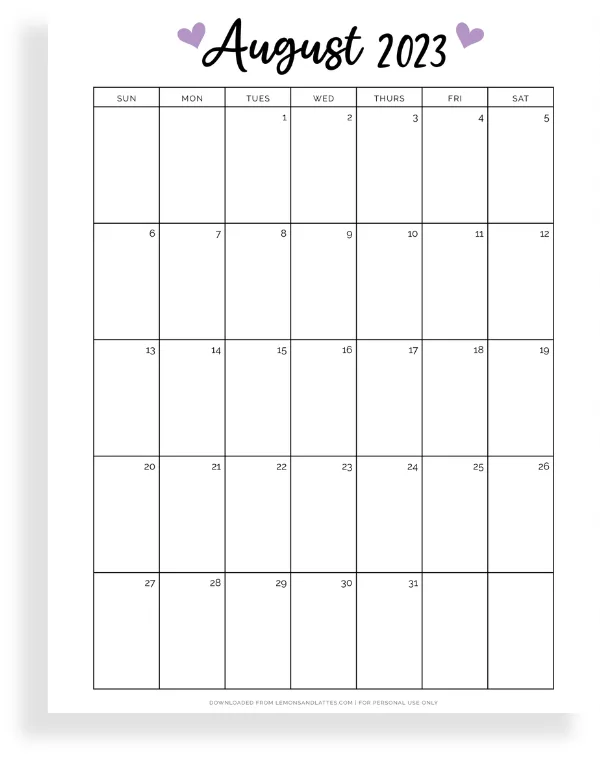 52 Simple and Cute August Calendar Printables 2023