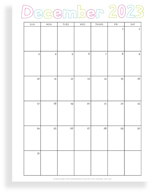 December calendar printable full page