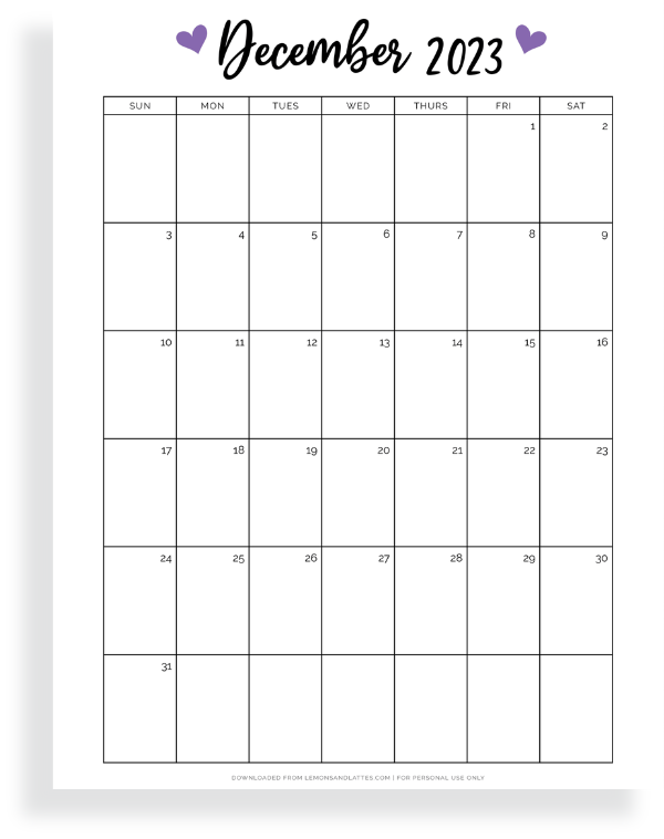 December calendar printable full page