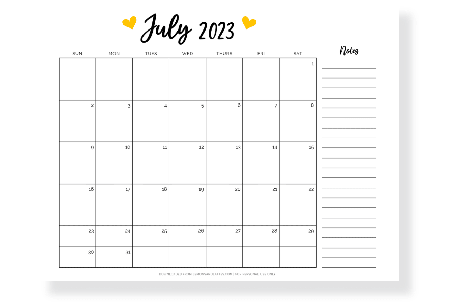 July calendar printable