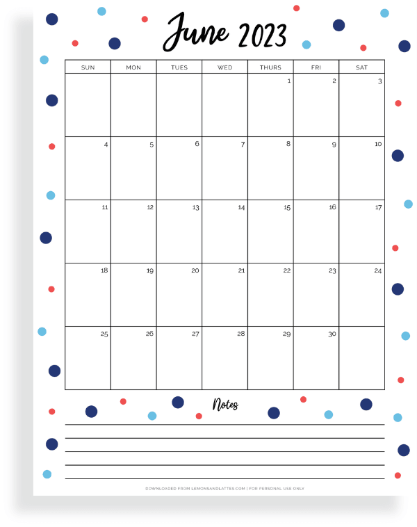 June calendar with notes