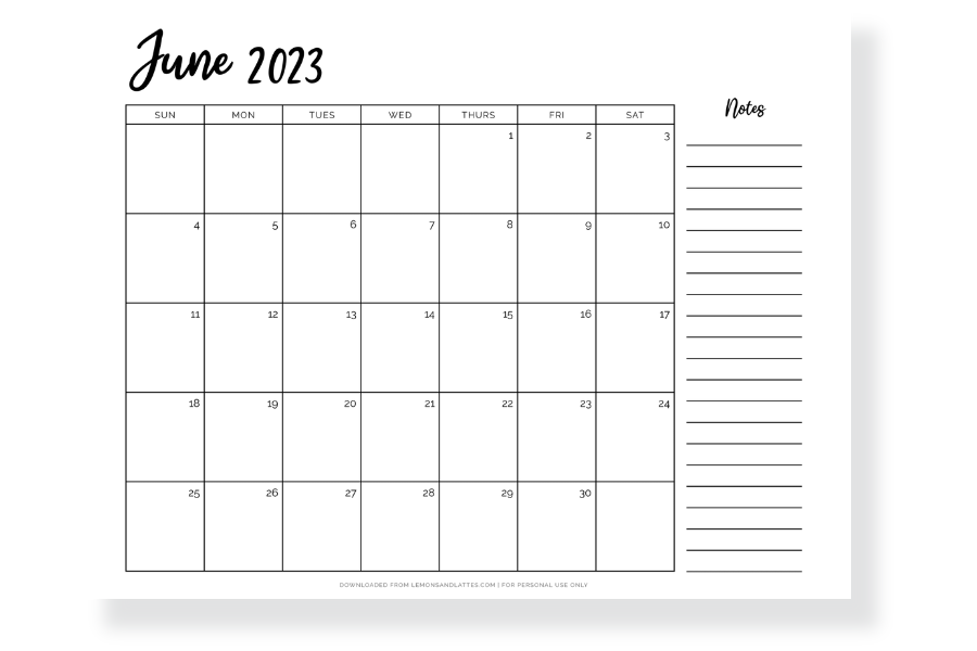 printable June calendar with notes