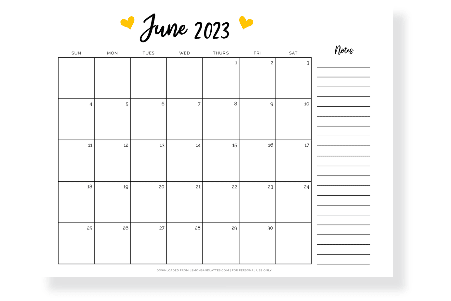 horizontal June calendar with notes