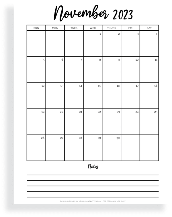 November printable calendar with notes