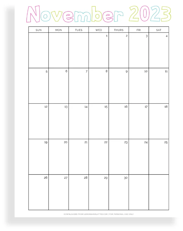 full-page November calendar printable