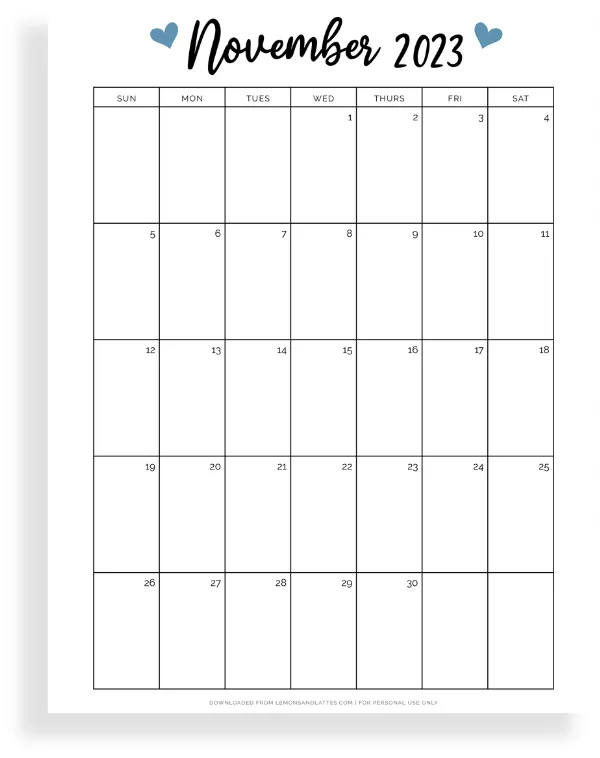 full-page November calendar printable