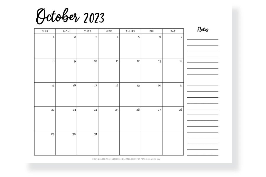 October 2023 calendar with notes section