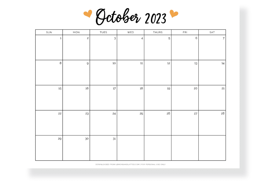 full page October calendar landscape
