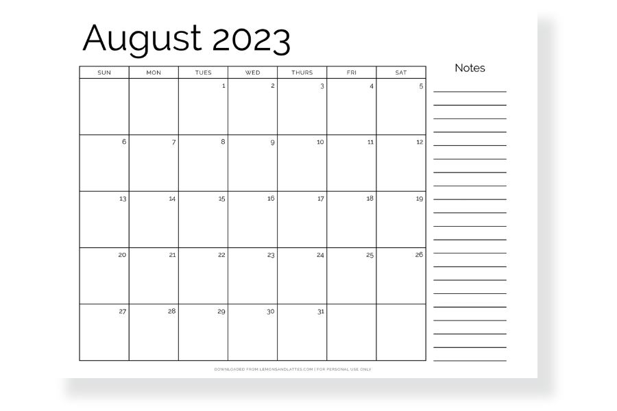 august calendar with notes