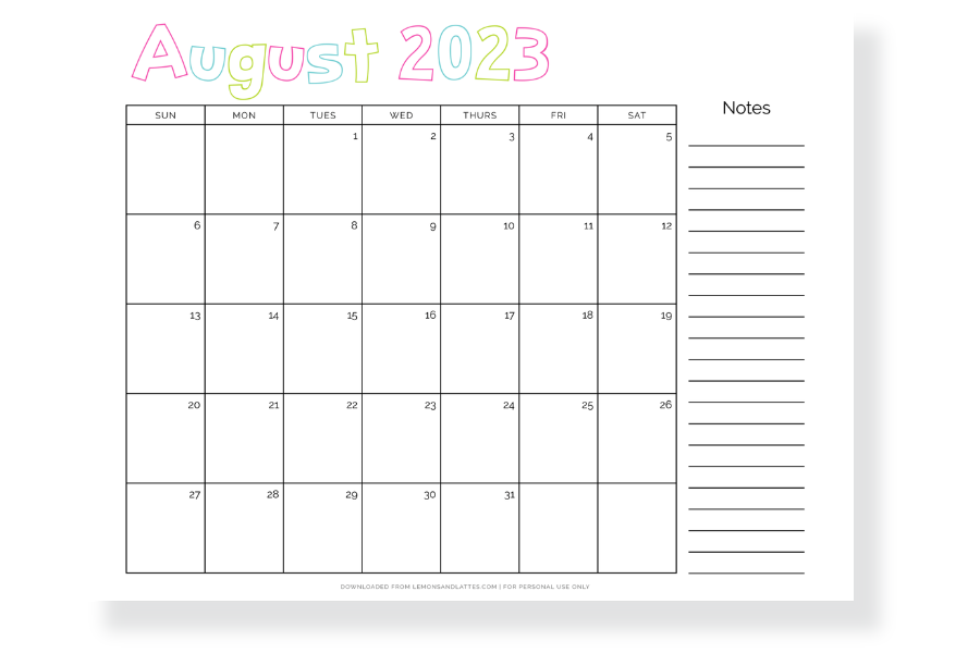 august calendar with notes