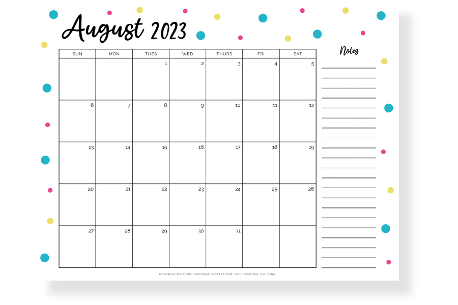 august calendar with notes