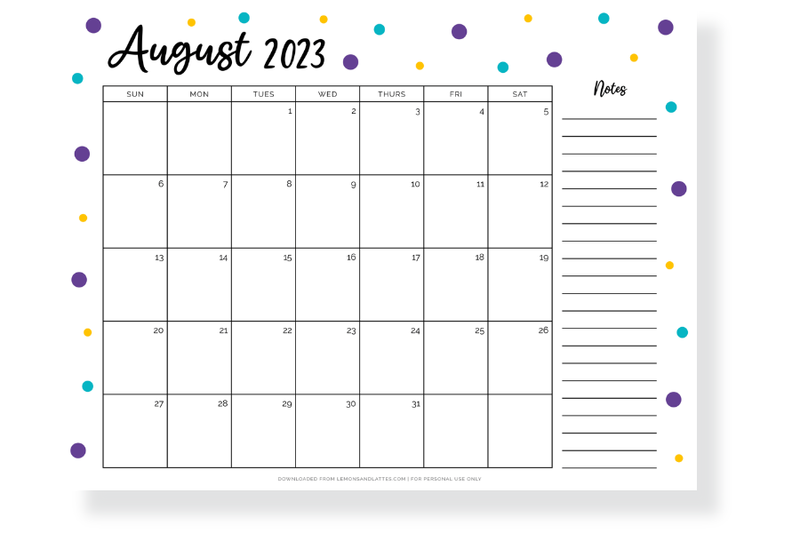 august calendar with notes