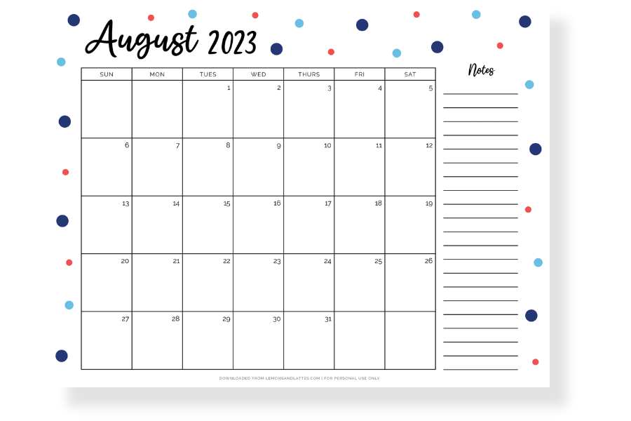 august calendar with notes