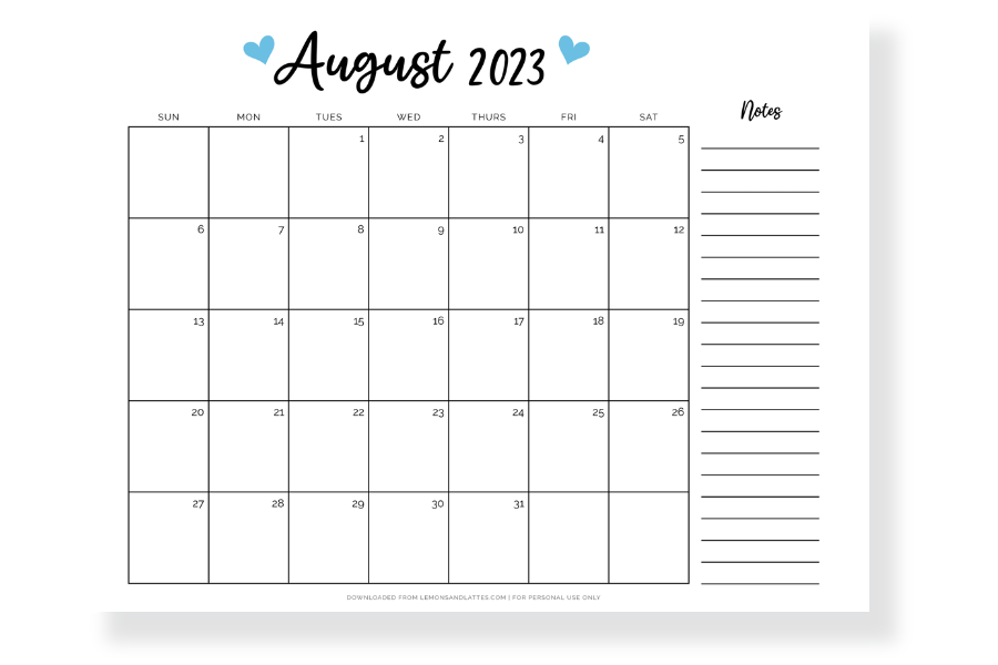 august calendar with notes