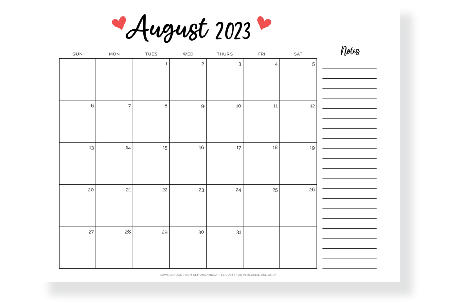 august calendar with notes