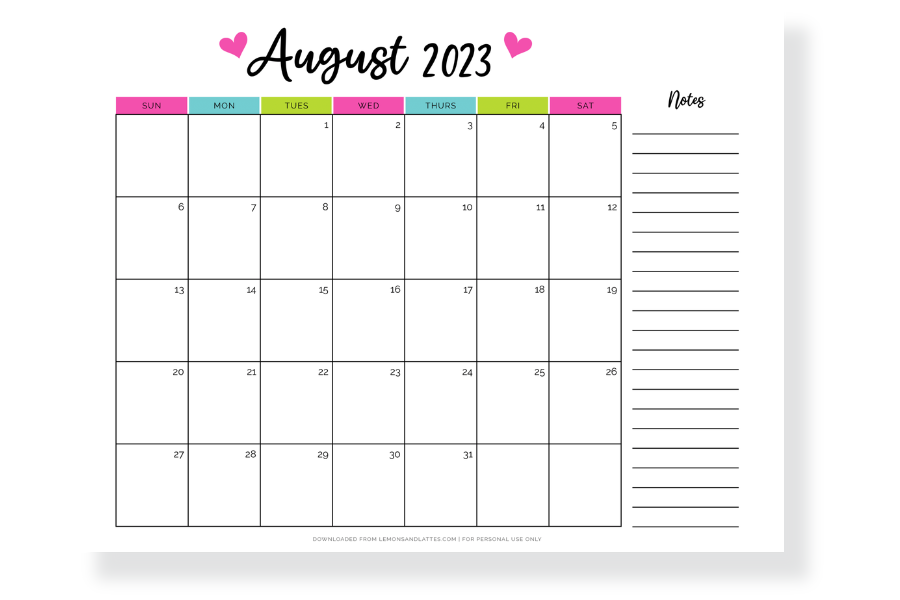 august calendar with notes