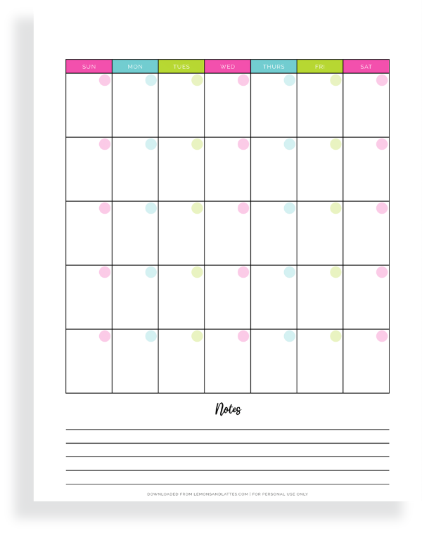 blank calendar with notes section