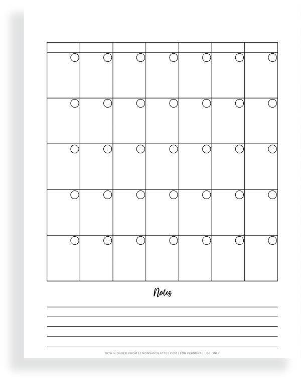 blank calendar with notes section