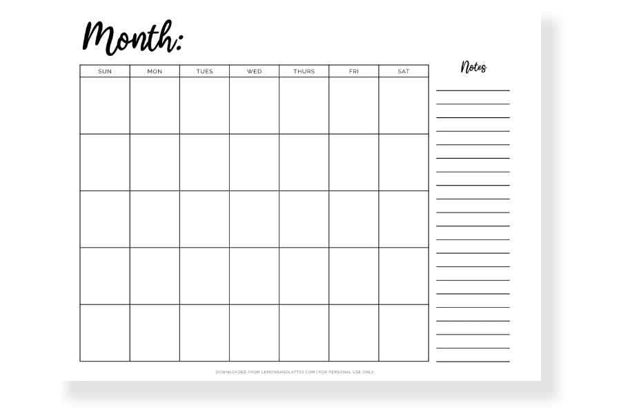 blank landscape calendar with notes