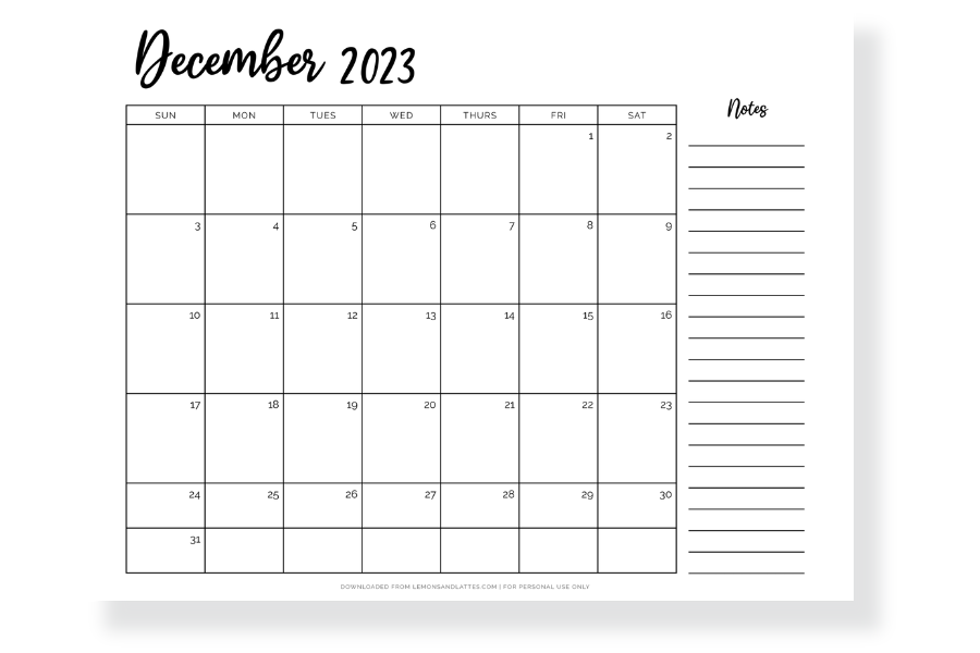 December 2023 calendar landscape