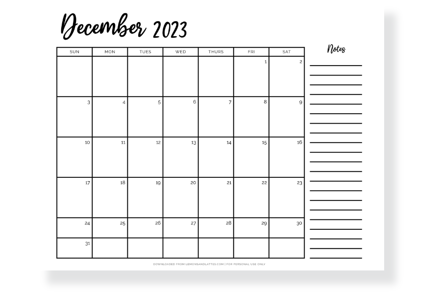 December 2023 calendar landscape