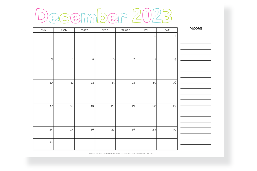 December 2023 calendar horizontal