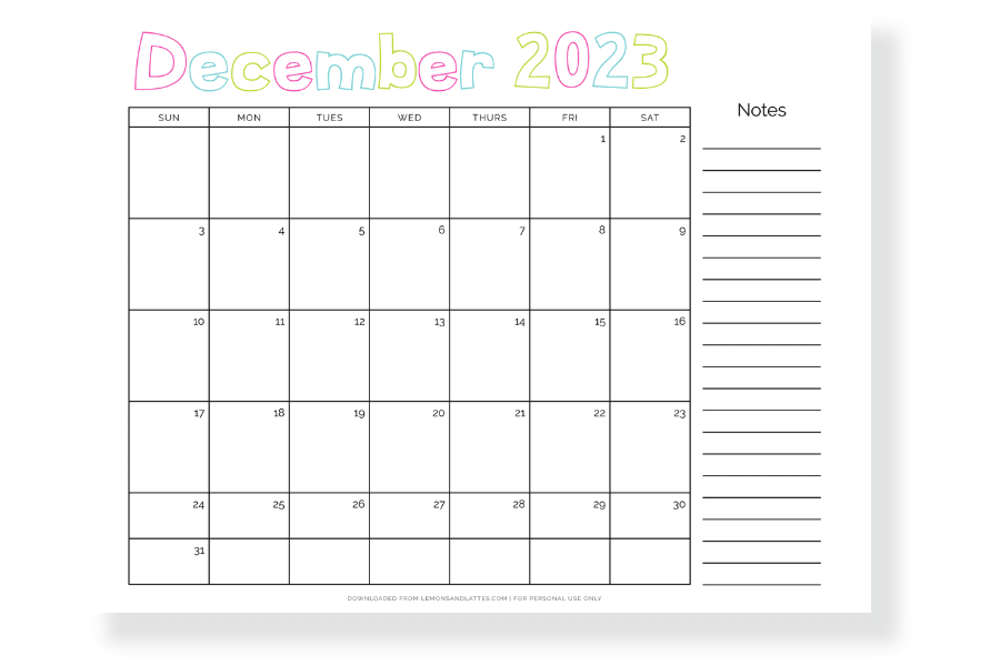 December 2023 calendar horizontal