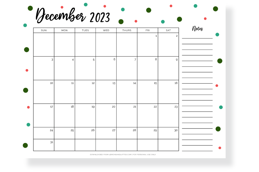 December 2023 calendar horizontal