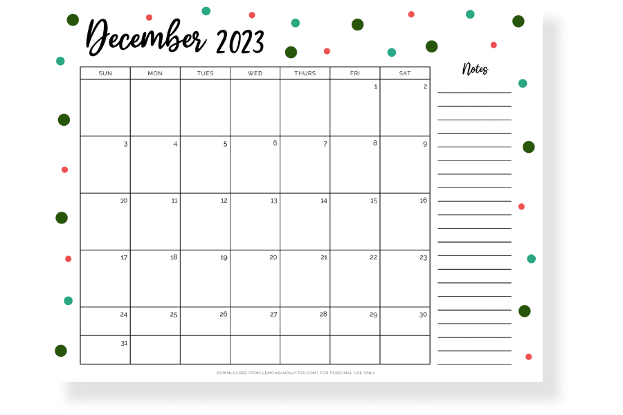 December 2023 calendar horizontal