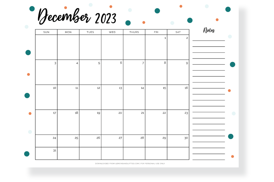 December 2023 calendar horizontal