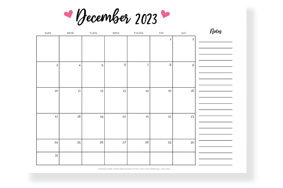 December 2023 calendar horizontal