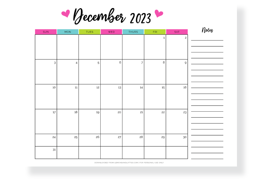 December 2023 calendar with notes