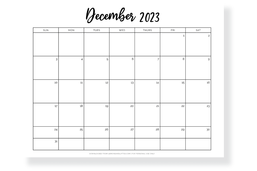 full page December calendar