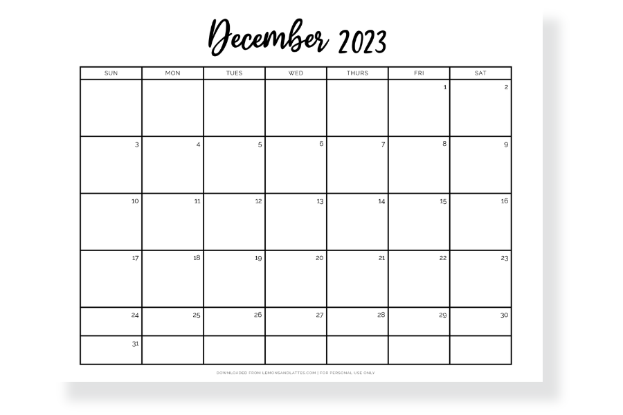 full page December calendar