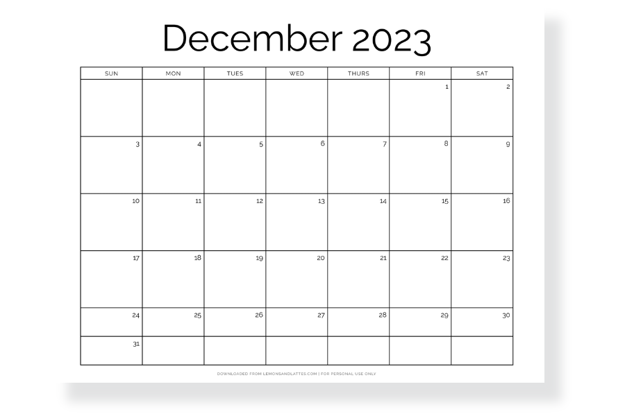 full page December calendar