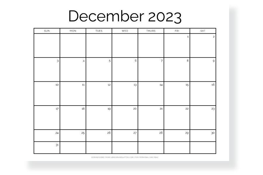 full page December calendar