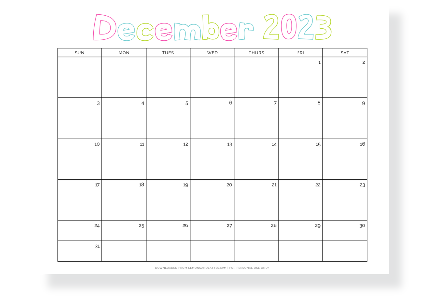 full page December calendar