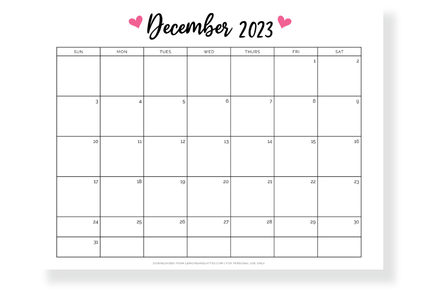 cute December calendar full page