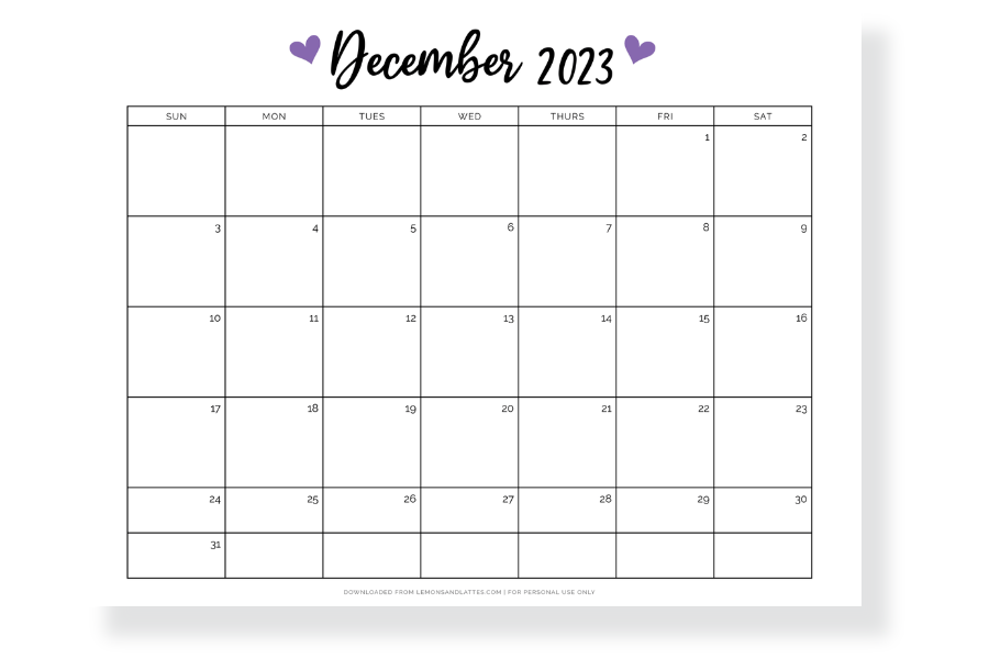 cute December calendar full page