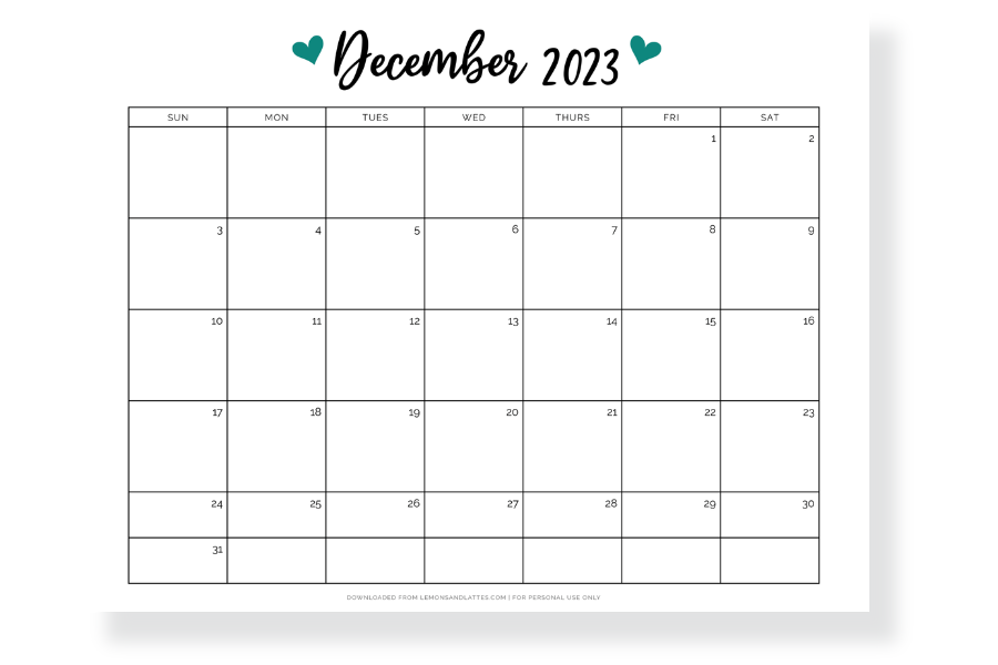 cute December calendar full page