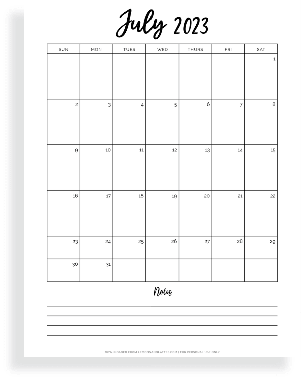 July calendar with notes