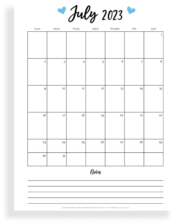 July calendar with notes