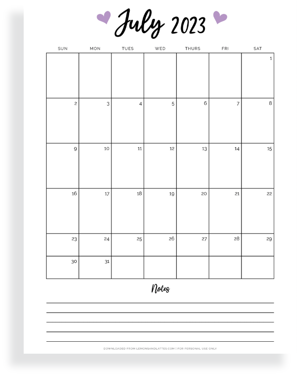 July calendar with notes