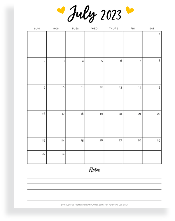 July calendar with notes