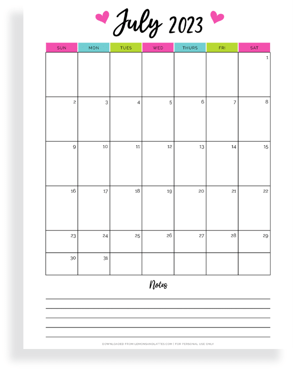 July calendar with notes