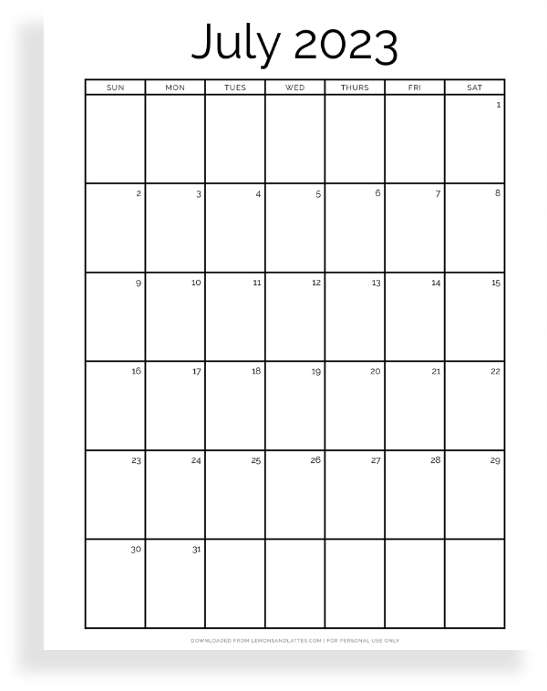 full page July calendar