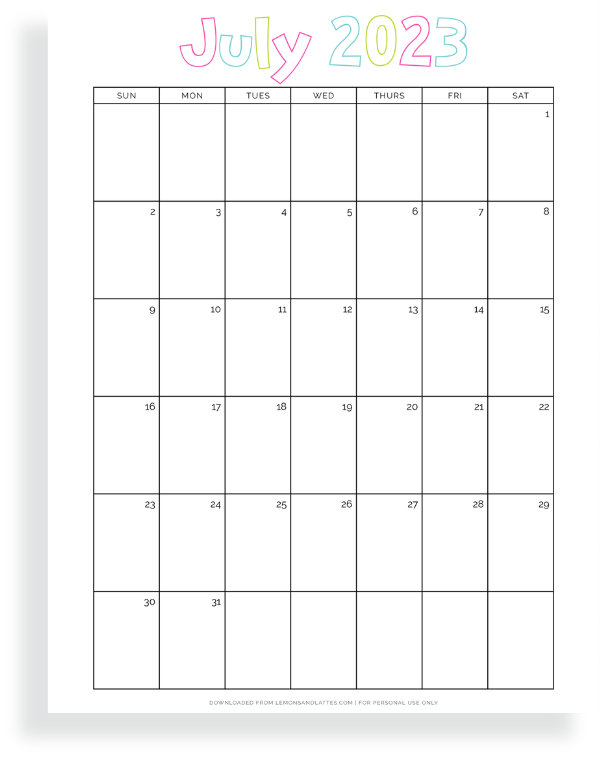 full page July calendar