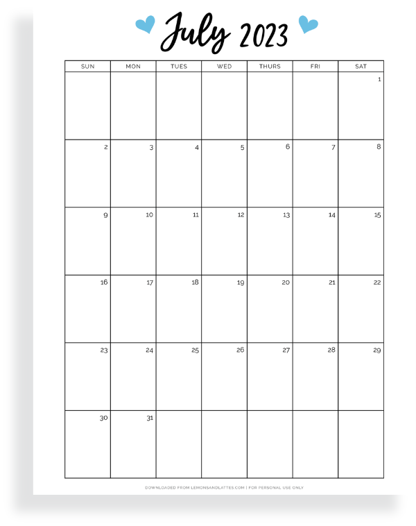 full page July calendar