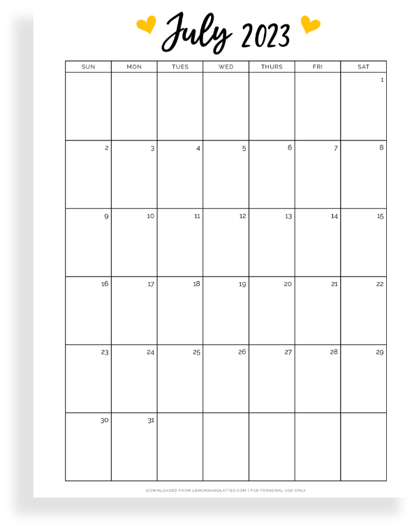 full page July calendar