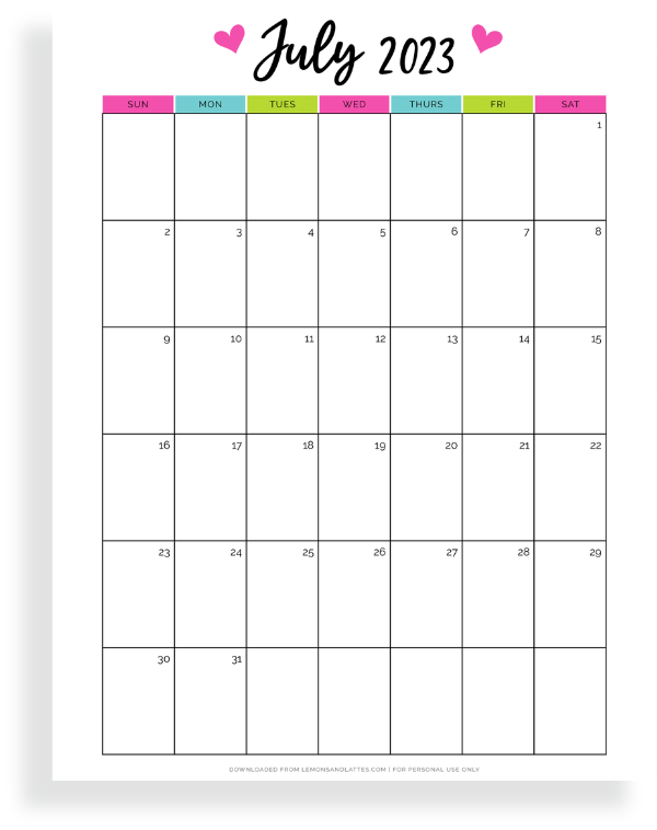 full page July calendar